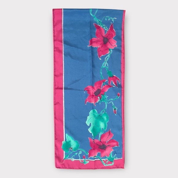 Vintage Veresa by Vera Nuemann 90s Flower & Vines Scarf Pink/Blue Made in Japan - Picture 2 of 4